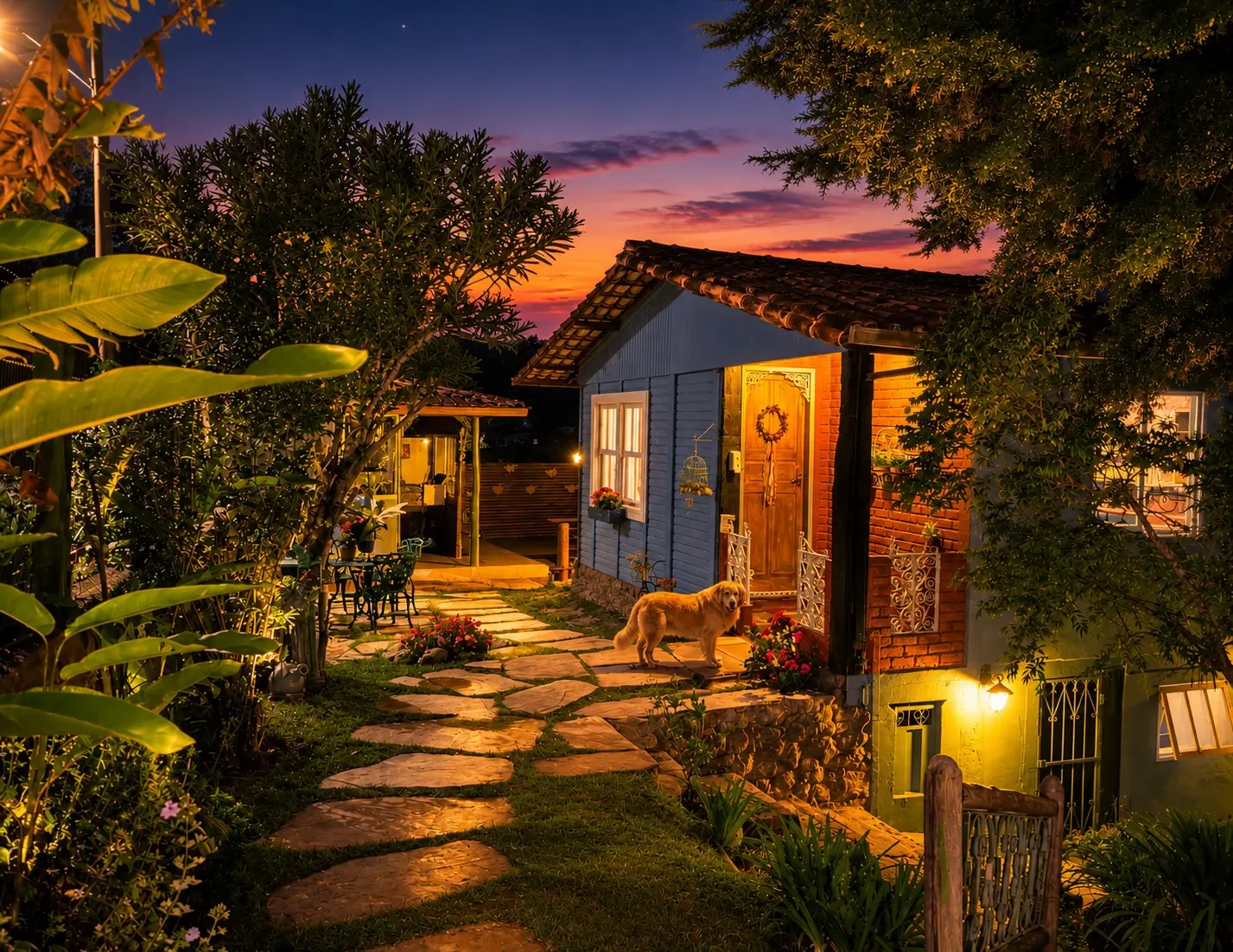 Fachada da Casa das Flores ao entardecer, com céu colorido, jardim iluminado e cachorro na entrada